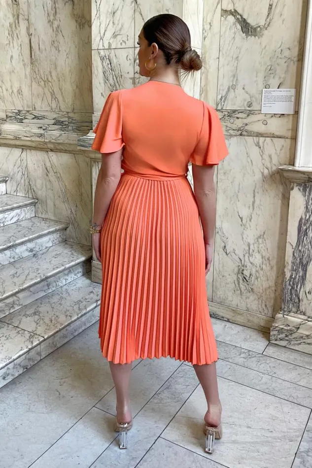 AX Paris Peach Pleated Midi Dress With Tie Waist Women Dresses