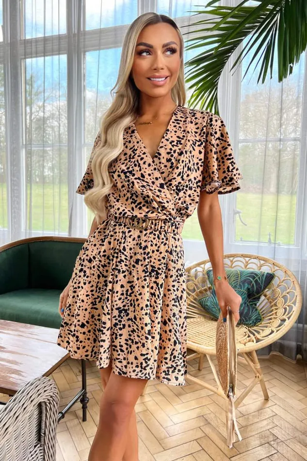 AX Paris Peach Printed Elasticated Belt Skater Dress Women Dresses