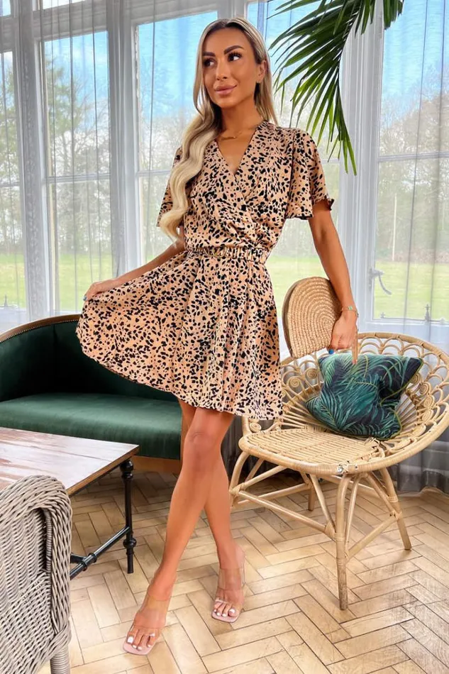 AX Paris Peach Printed Elasticated Belt Skater Dress Women Dresses