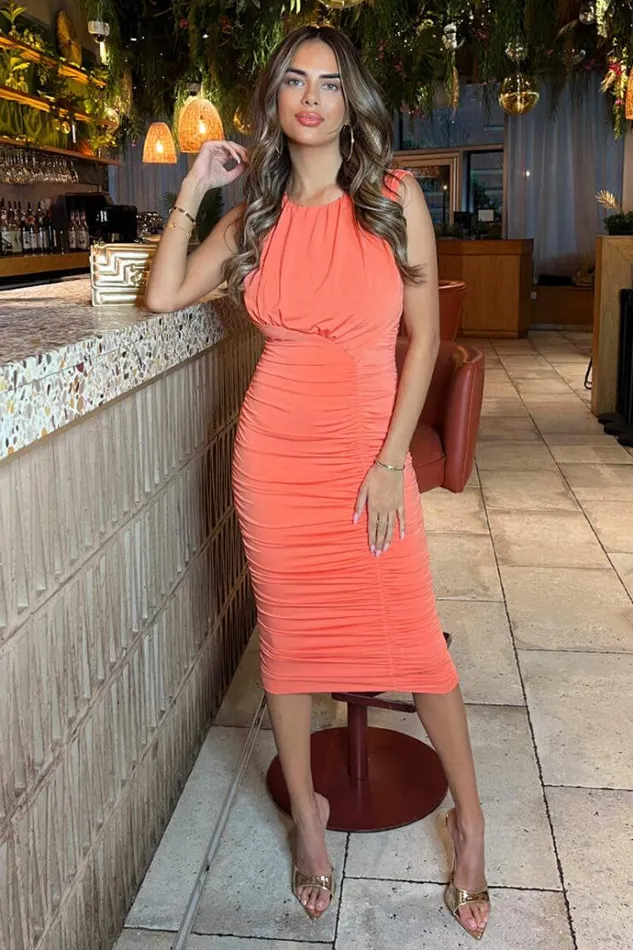 AX Paris Peach Ruched Bodycon Midi Dress Women Dresses