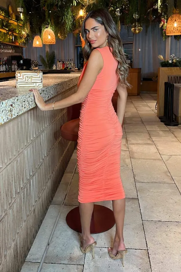 AX Paris Peach Ruched Bodycon Midi Dress Women Dresses