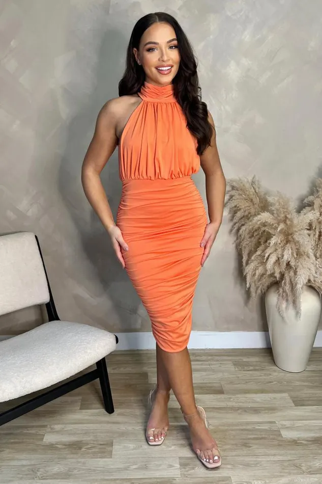 AX Paris Peach Ruched High Neck Midi Dress Women Dresses