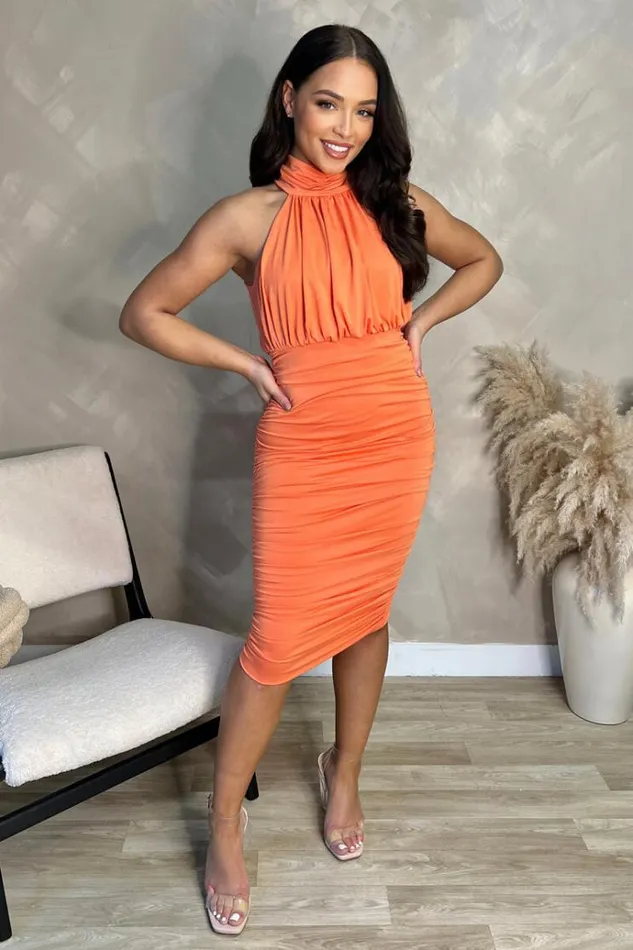 AX Paris Peach Ruched High Neck Midi Dress Women Dresses