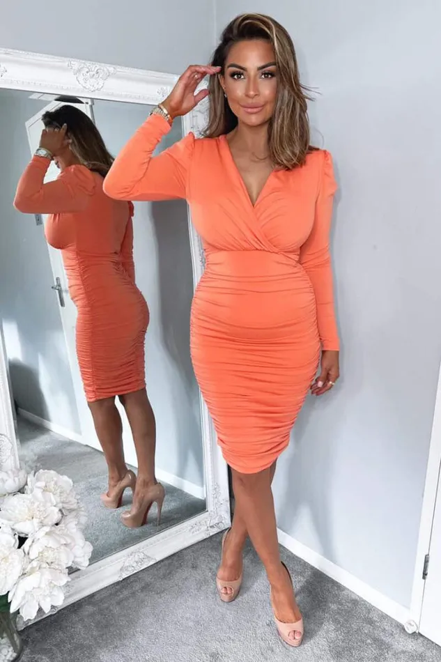 AX Paris Peach Ruched Long Sleeve Cross Front Midi Dress Women Dresses