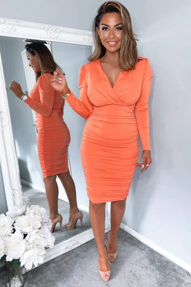 AX Paris Peach Ruched Long Sleeve Cross Front Midi Dress Women Dresses
