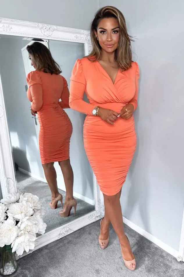 AX Paris Peach Ruched Long Sleeve Cross Front Midi Dress Women Dresses