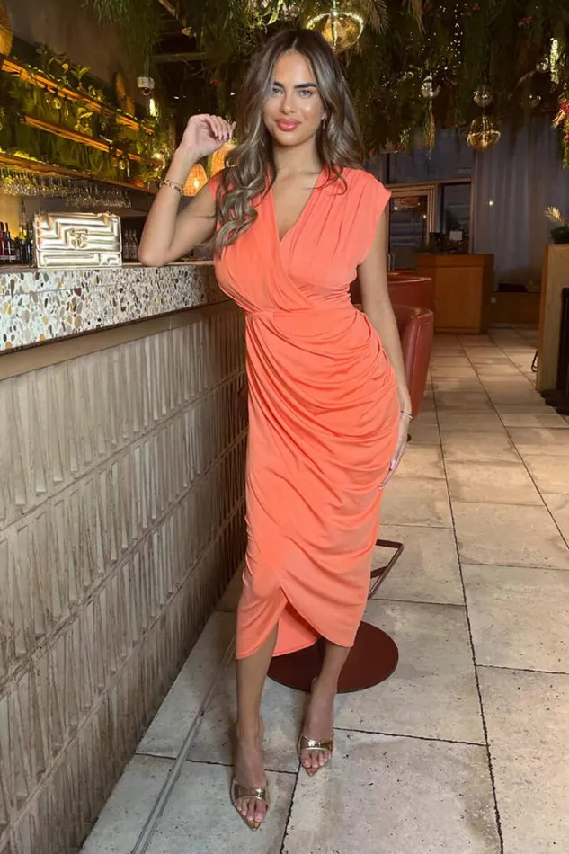 AX Paris Peach Wrap Draped Midi Dress Women Dresses