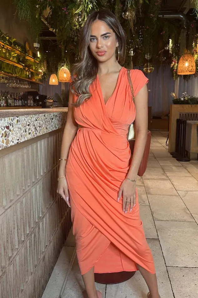 AX Paris Peach Wrap Draped Midi Dress Women Dresses
