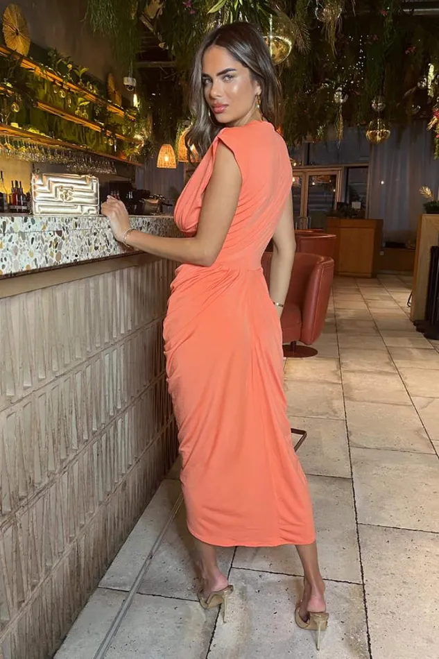 AX Paris Peach Wrap Draped Midi Dress Women Dresses