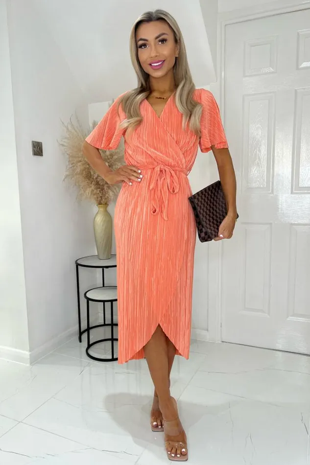 AX Paris Peach Wrap Top Belted Short Sleeve Plisse Midi Dress Women Dresses