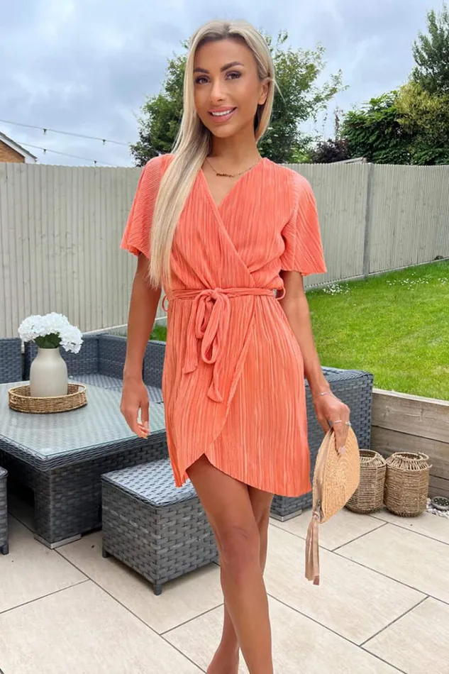 AX Paris Peach Wrap Top Belted Short Sleeve Plisse Mini Dress Women Dresses