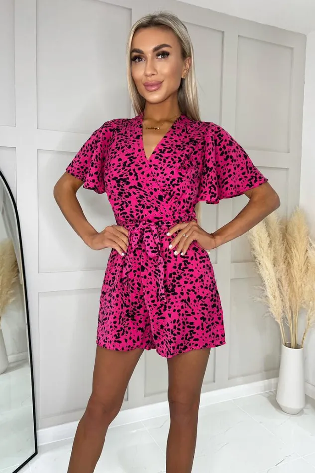 AX Paris Pink And Black Printed Butterfly Sleeve Wrap Over Belted Playsuit Women Jumpsuits And Playsuits
