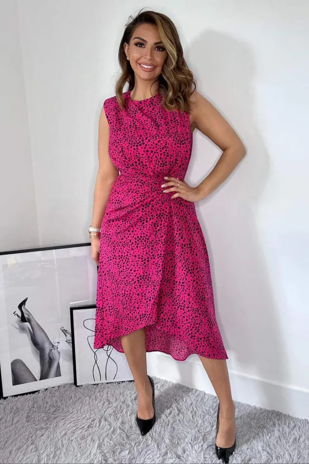 AX Paris Pink And Black Printed Gathered Midi Dress Women Dresses