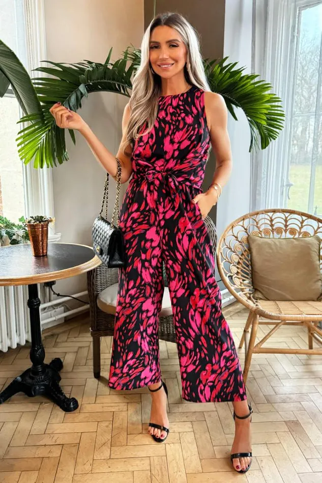 AX Paris Pink And Black Printed Sleeveless Knot Front Jumpsuit Women Jumpsuits And Playsuits AX Paris Pink And Black Printed Sleeveless Knot Front Jumpsuit Women Jumpsuits And Playsuits