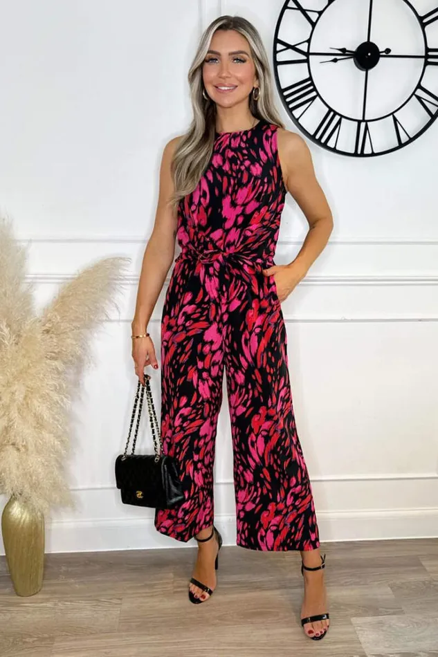 AX Paris Pink And Black Printed Sleeveless Knot Front Jumpsuit Women Jumpsuits And Playsuits