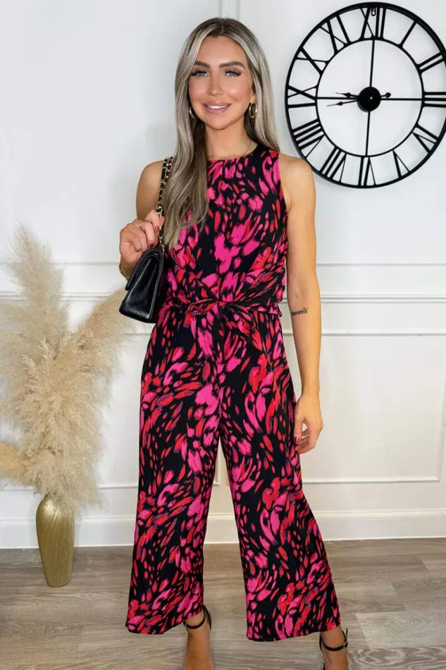 AX Paris Pink And Black Printed Sleeveless Knot Front Jumpsuit Women Jumpsuits And Playsuits