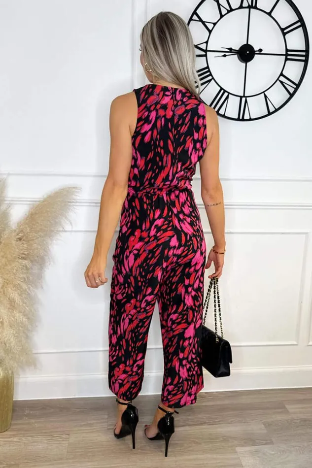 AX Paris Pink And Black Printed Sleeveless Knot Front Jumpsuit Women Jumpsuits And Playsuits