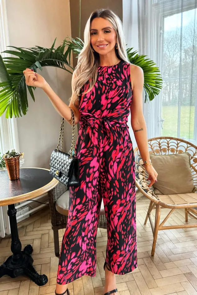 AX Paris Pink And Black Printed Sleeveless Knot Front Jumpsuit Women Jumpsuits And Playsuits