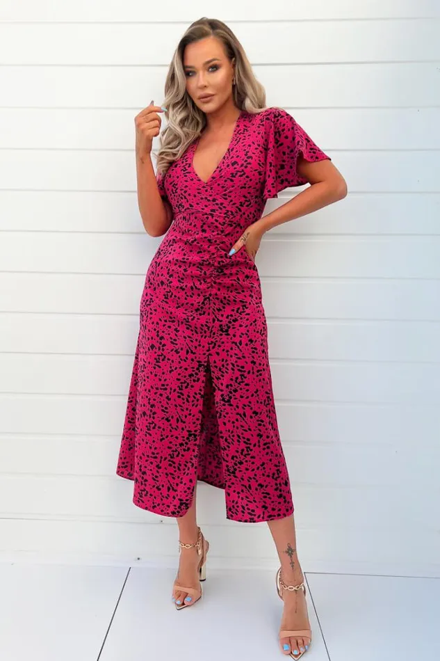 AX Paris Pink And Black Printed Split Skirt Midi Dress Women Dresses