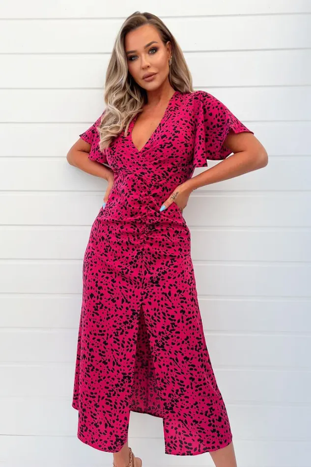 AX Paris Pink And Black Printed Split Skirt Midi Dress Women Dresses