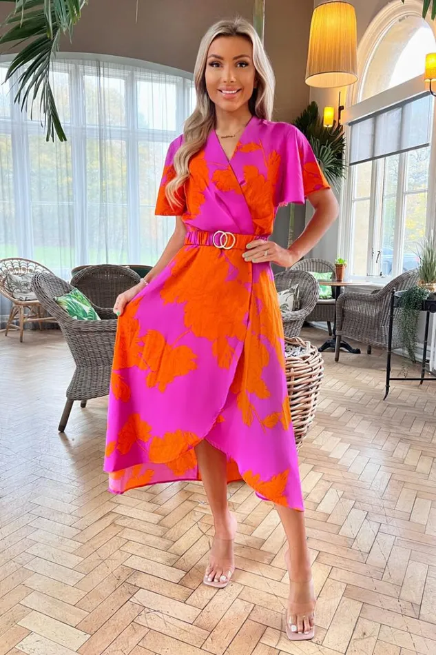 AX Paris Pink And Orange Floral Print Belted Wrap Midi Dress Women Dresses