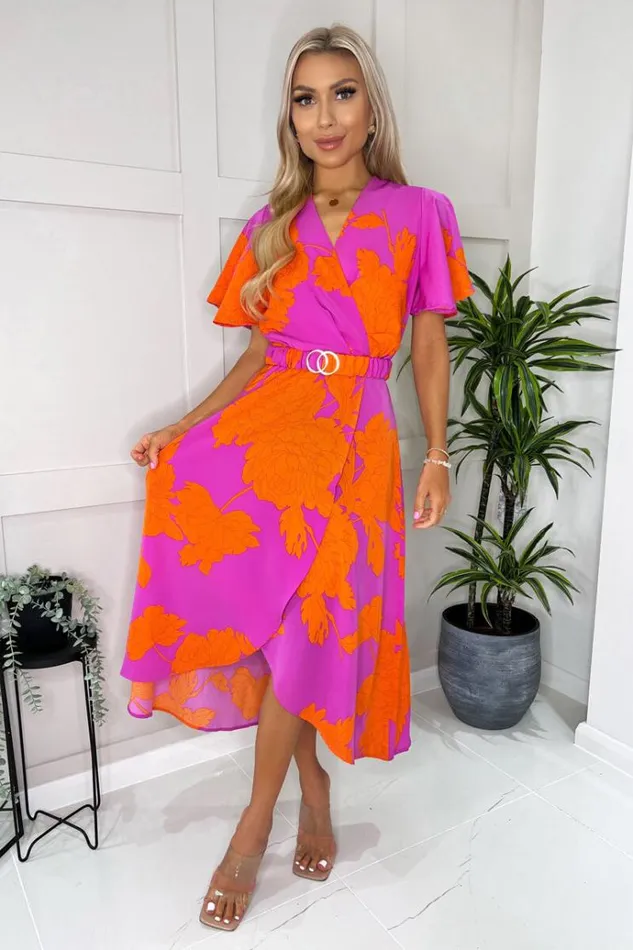 AX Paris Pink And Orange Floral Print Belted Wrap Midi Dress Women Dresses