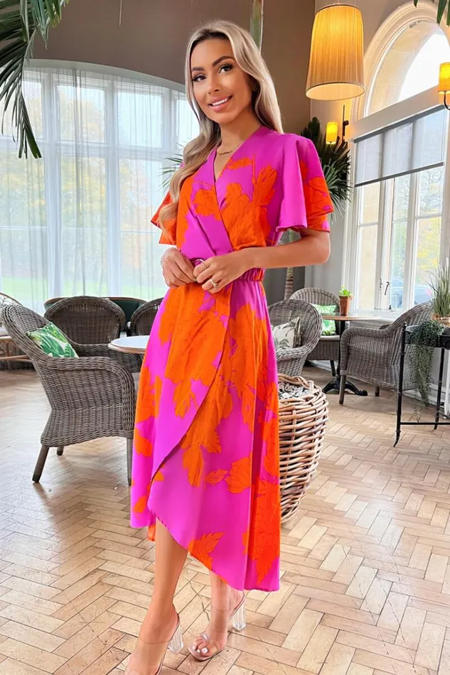 AX Paris Pink And Orange Floral Print Belted Wrap Midi Dress Women Dresses