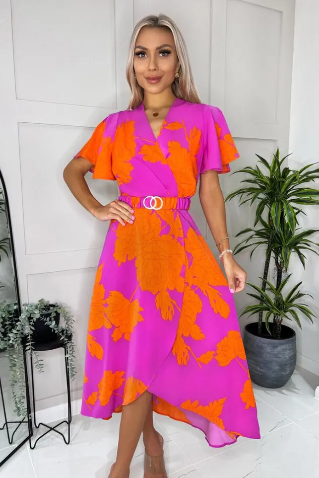 AX Paris Pink And Orange Floral Print Belted Wrap Midi Dress Women Dresses