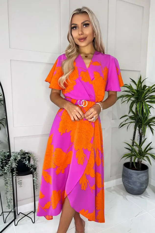 AX Paris Pink And Orange Floral Print Belted Wrap Midi Dress Women Dresses