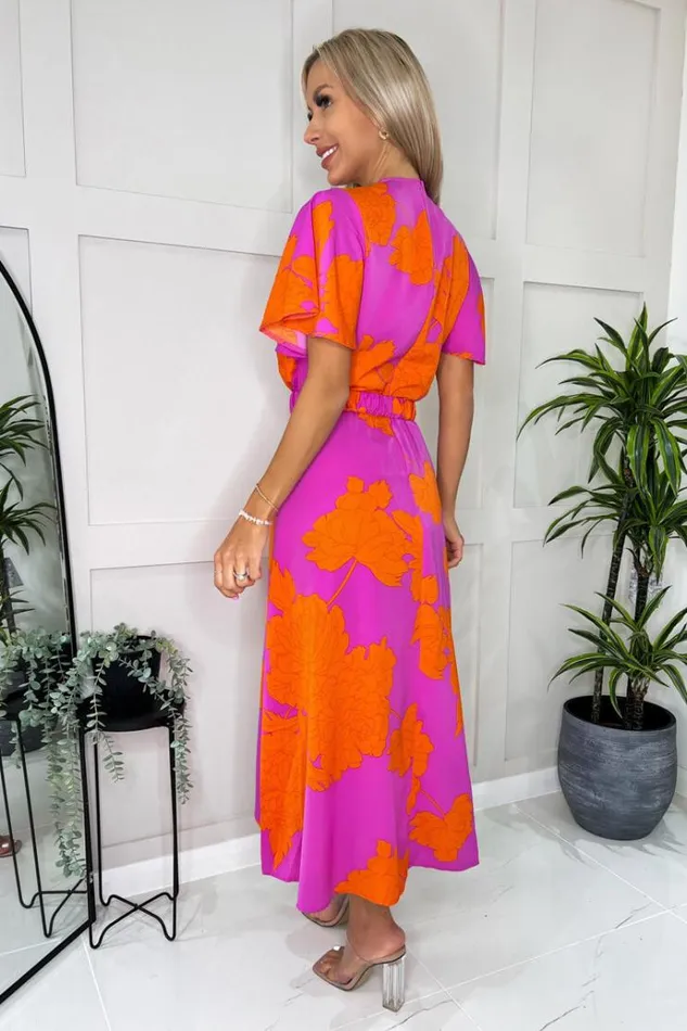 AX Paris Pink And Orange Floral Print Belted Wrap Midi Dress Women Dresses