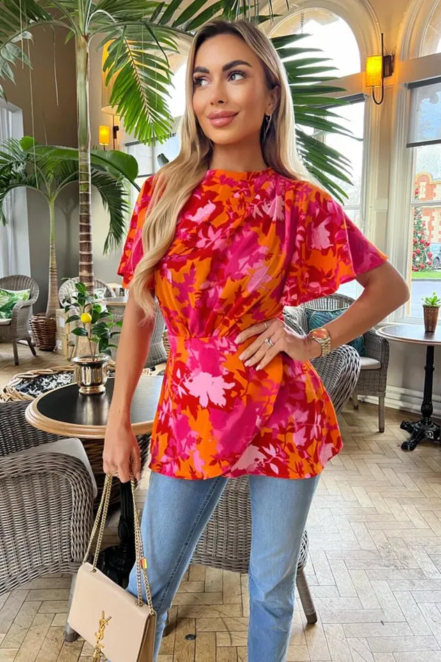 AX Paris Pink And Orange Floral Printed High Neck Top Women Tops