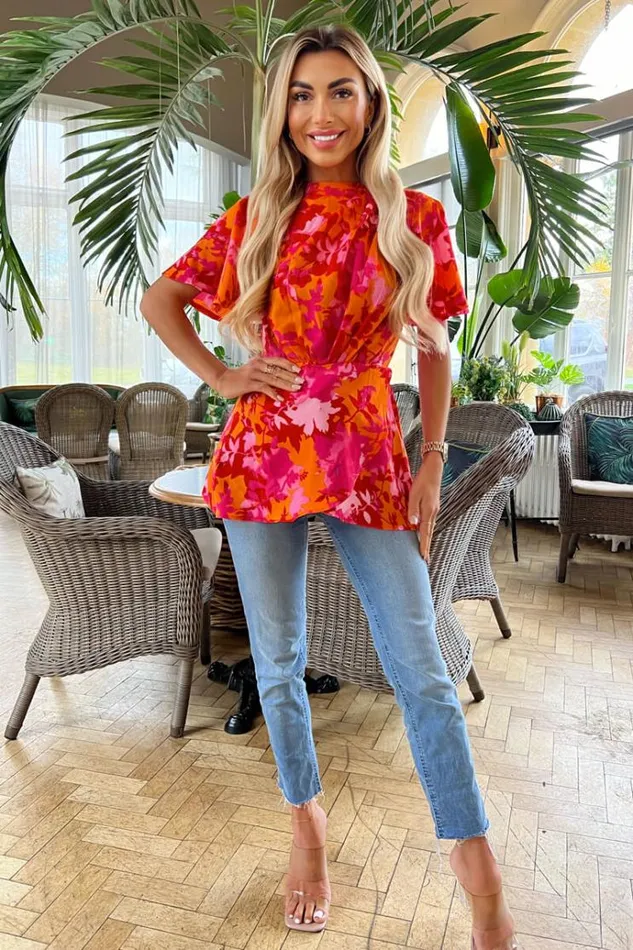 AX Paris Pink And Orange Floral Printed High Neck Top Women Tops