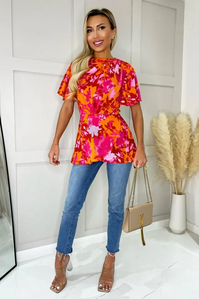 AX Paris Pink And Orange Floral Printed High Neck Top Women Tops