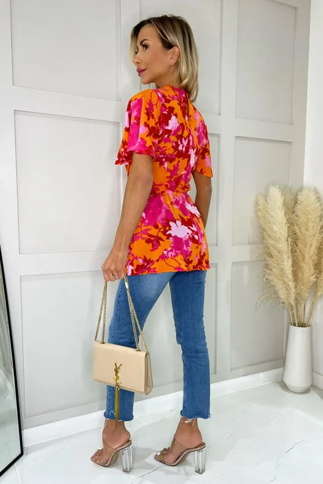 AX Paris Pink And Orange Floral Printed High Neck Top Women Tops