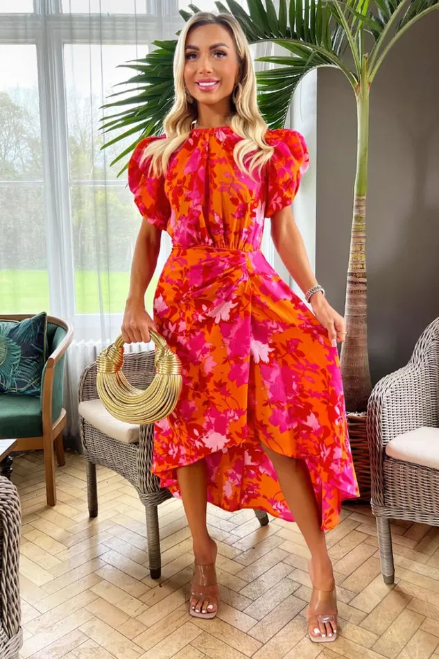 AX Paris Pink And Orange Floral Printed Short Puff Sleeve Gathered Side Midi Dress Women Dresses AX Paris Pink And Orange Floral Printed Short Puff Sleeve Gathered Side Midi Dress Women Dresses