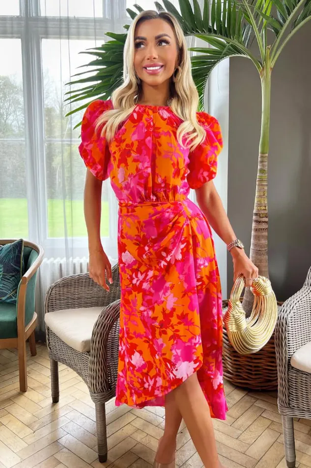 AX Paris Pink And Orange Floral Printed Short Puff Sleeve Gathered Side Midi Dress Women Dresses