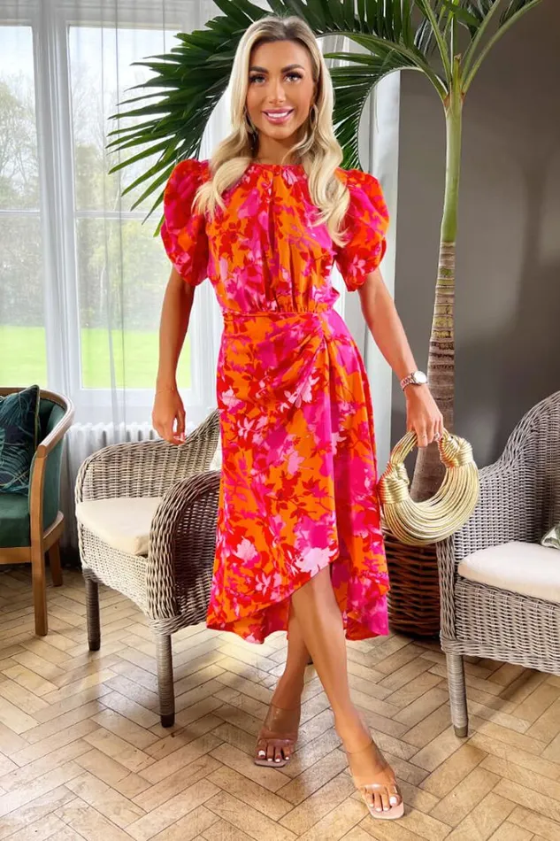 AX Paris Pink And Orange Floral Printed Short Puff Sleeve Gathered Side Midi Dress Women Dresses