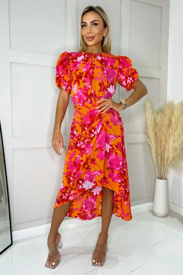 AX Paris Pink And Orange Floral Printed Short Puff Sleeve Gathered Side Midi Dress Women Dresses