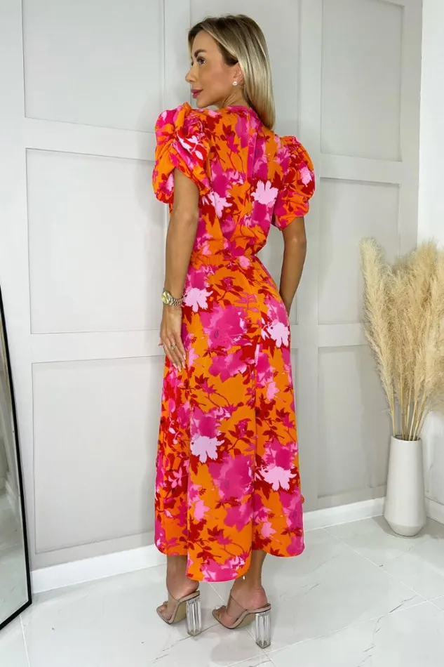 AX Paris Pink And Orange Floral Printed Short Puff Sleeve Gathered Side Midi Dress Women Dresses
