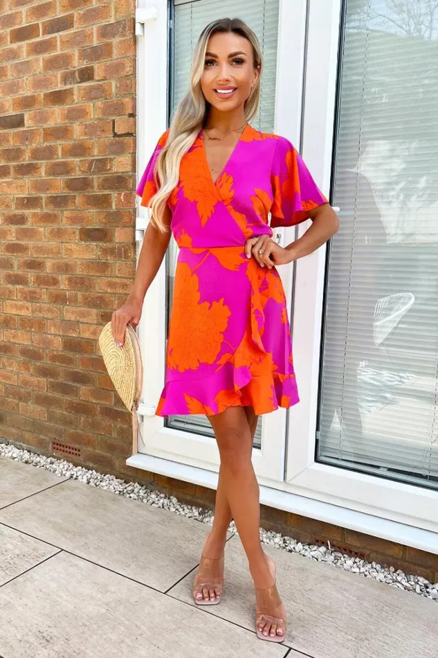AX Paris Pink And Orange Floral Printed Short Sleeve Frill Hem Mini Dress Women Dresses