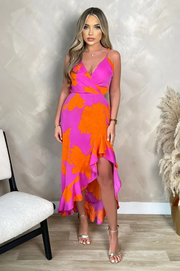 AX Paris Pink And Orange Floral Printed Wrap Over Strappy Midi Dress Women Dresses