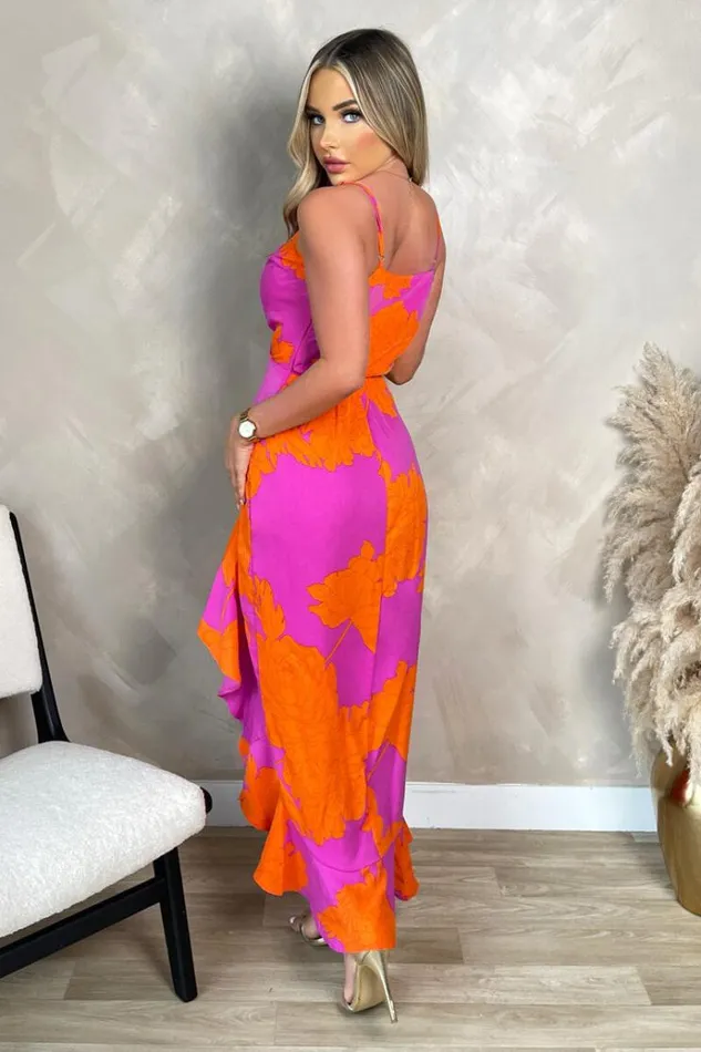 AX Paris Pink And Orange Floral Printed Wrap Over Strappy Midi Dress Women Dresses
