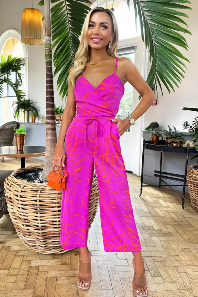 AX Paris Pink And Orange Printed Wrap Top Tie Waist Full Length Jumpsuit Women Jumpsuits And Playsuits AX Paris Pink And Orange Printed Wrap Top Tie Waist Full Length Jumpsuit Women Jumpsuits And Playsuits