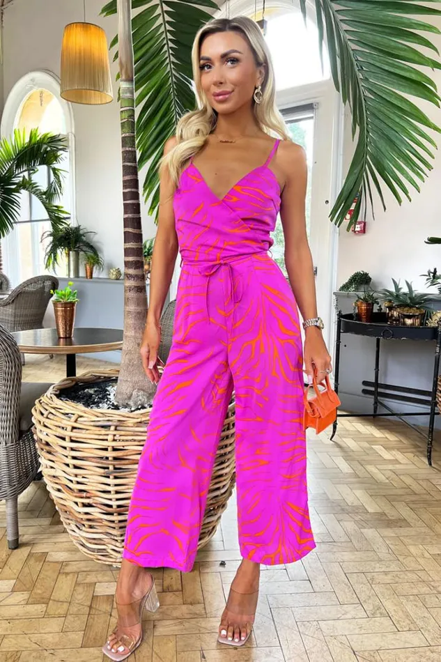 AX Paris Pink And Orange Printed Wrap Top Tie Waist Full Length Jumpsuit Women Jumpsuits And Playsuits