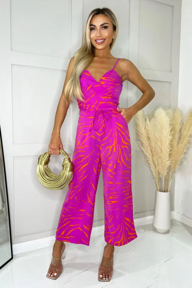 AX Paris Pink And Orange Printed Wrap Top Tie Waist Full Length Jumpsuit Women Jumpsuits And Playsuits