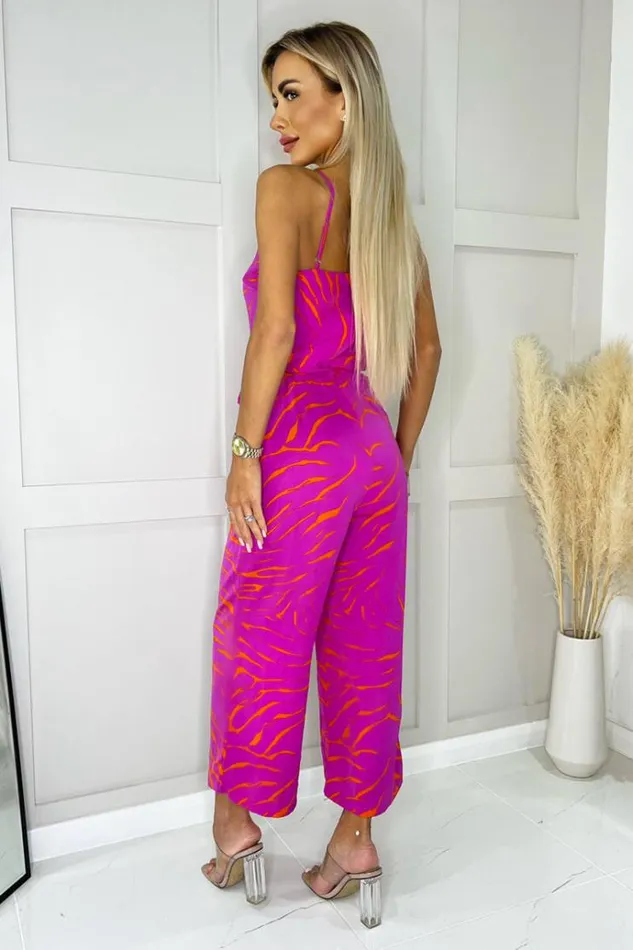 AX Paris Pink And Orange Printed Wrap Top Tie Waist Full Length Jumpsuit Women Jumpsuits And Playsuits