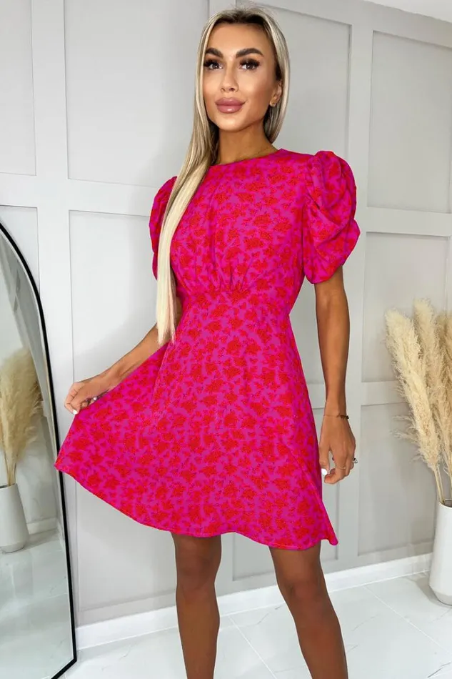 AX Paris Pink And Red Floral Printed Puff Sleeve Mini Skater Dress Women Dresses