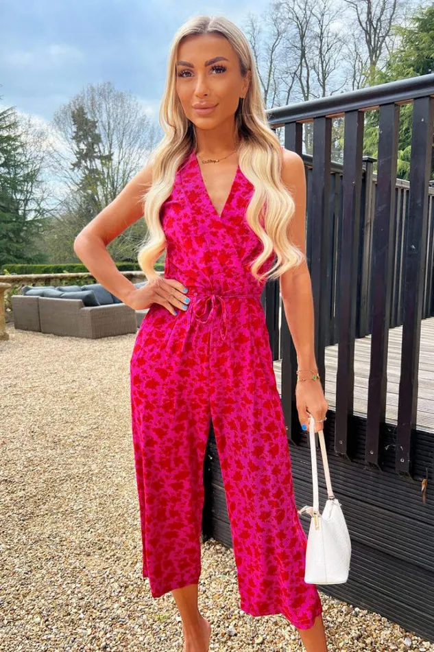 AX Paris Pink And Red Floral Printed Tie Front Jumpsuit Women Jumpsuits And Playsuits AX Paris Pink And Red Floral Printed Tie Front Jumpsuit Women Jumpsuits And Playsuits