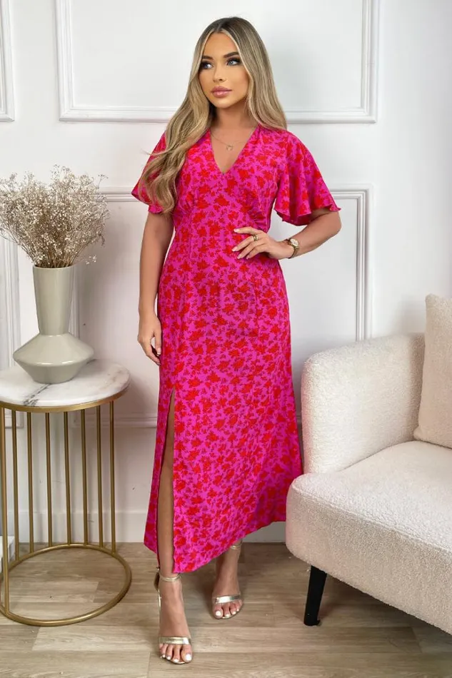 AX Paris Pink And Red Floral Printed VNeck Short Sleeve Midi Dress Women Dresses AX Paris Pink And Red Floral Printed VNeck Short Sleeve Midi Dress Women Dresses