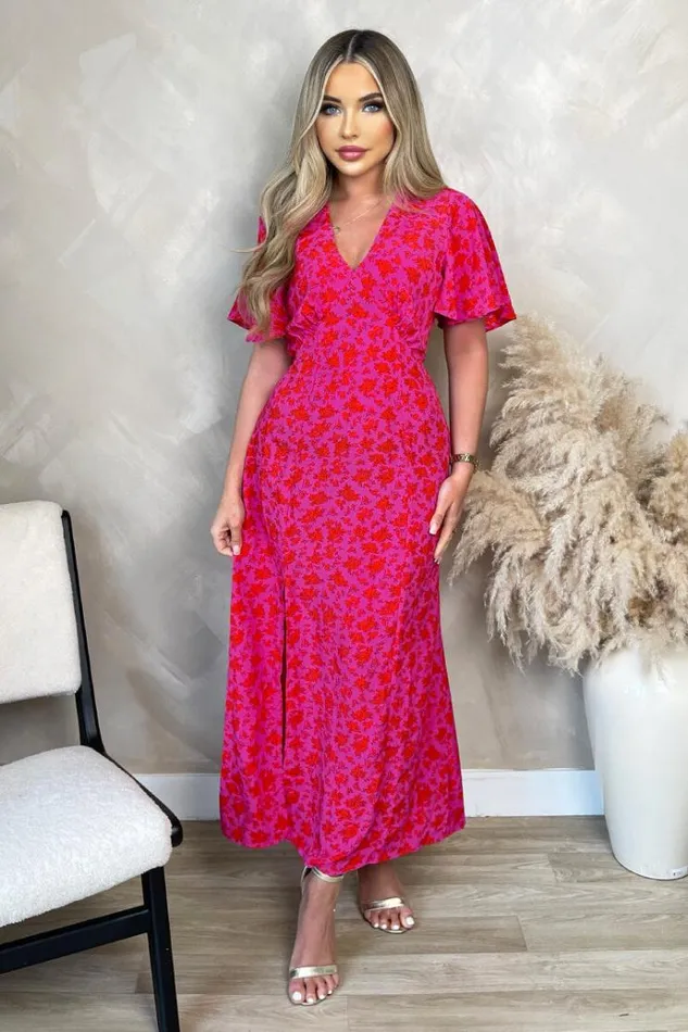 AX Paris Pink And Red Floral Printed VNeck Short Sleeve Midi Dress Women Dresses